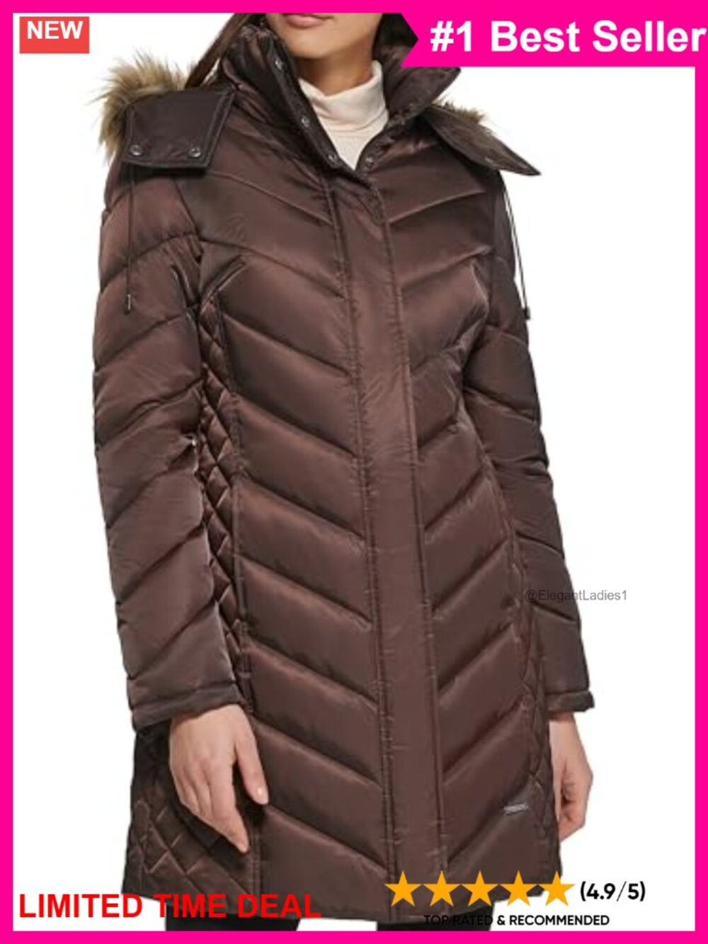 Heavyweight 3/4 Puffer Coat Faux Fur Trimmed Hood Quilted Fall